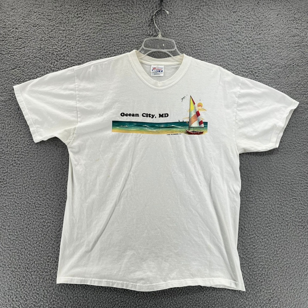 Vintage‎ Y2k Hanes Ocean City MD Sailboat Graphic T-Shirt White Men's Large READ